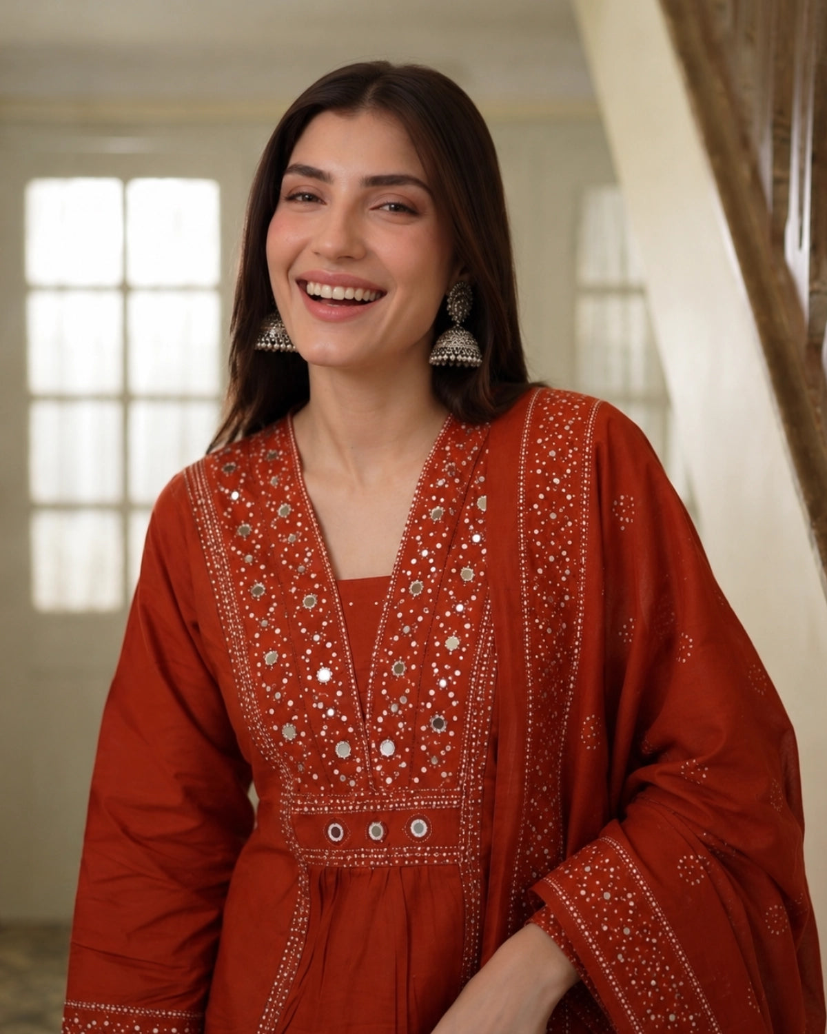 Rust Mirror Work Cotton Kurta Pant Dupatta Set for Daily Wear