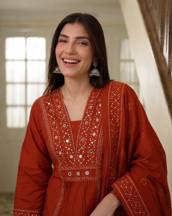 Rust Mirror Work Cotton Kurta Pant Dupatta Set for Daily Wear — image 2