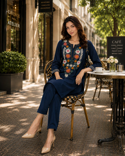 Thread Work Round Neck Rayon Co-ord Set