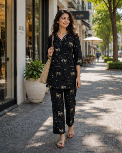 Warli Print Cotton Co-ord Set with V Neck for Daily Wear