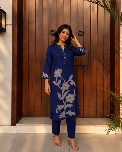 Navy Blue Kantha Work Cotton Kurta Pant Set for Daily Wear