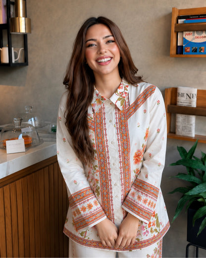Ivory Floral Chiffon Co-Ord Set with Border Print for Vacation Wear