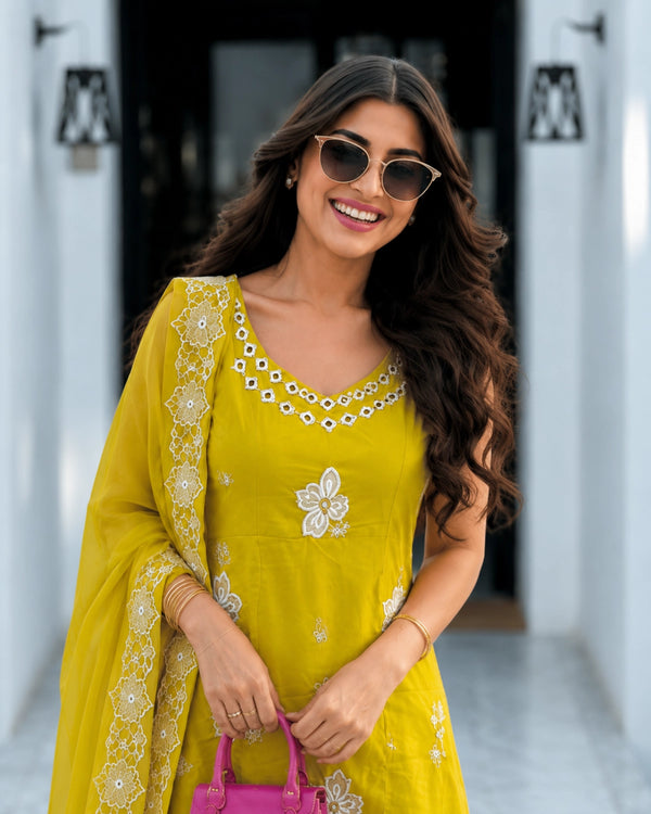 Lime Yellow Embroidered Cotton Kurta Pant Dupatta Set for Daily Wear — image 2