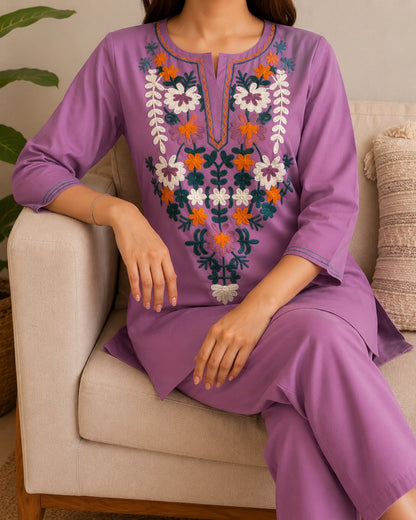 Thread Work Round Neck Rayon Co-ord Set