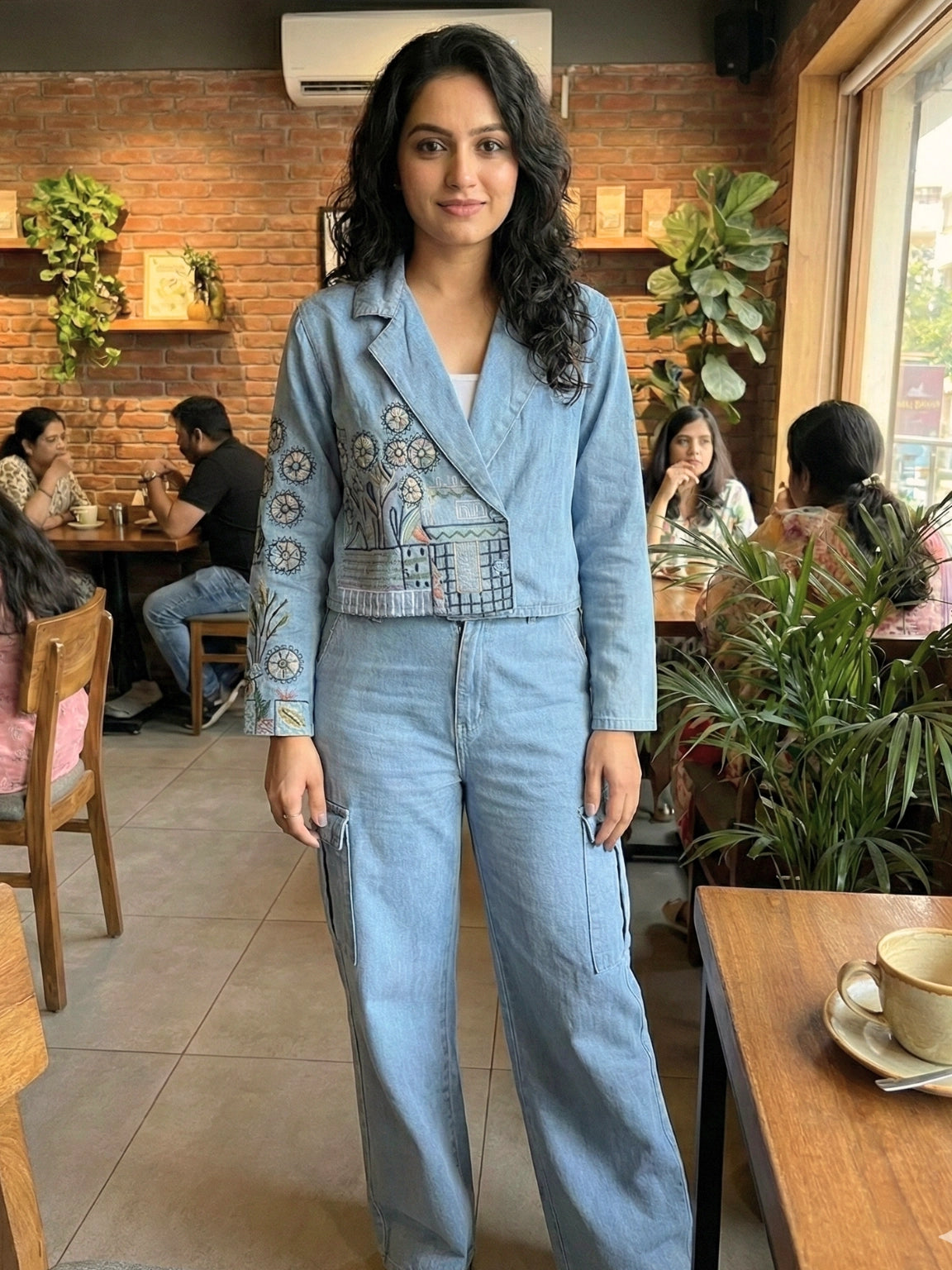 Embroidered Denim Co-Ord Set - Light Blue