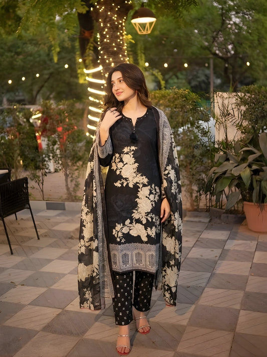 Elegant Black Floral Kurta Pant Set with Dupatta