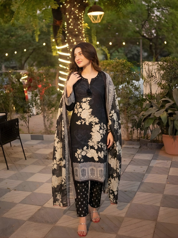 Elegant Black Floral Kurta Pant Set with Dupatta