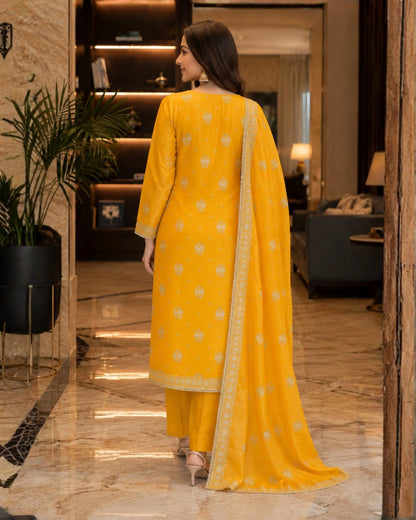 Mustard Yellow Thread Work Viscose Unstitched Suit for Daily Wear