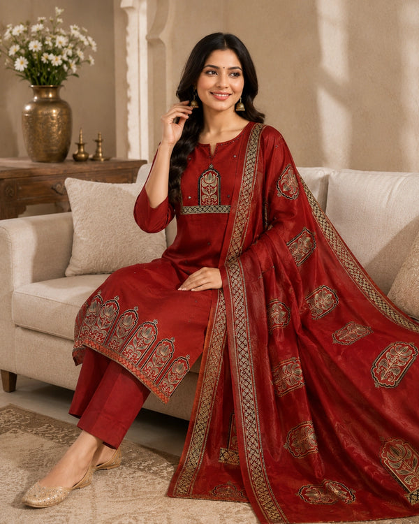 Maroon Mughal Print Cotton Kurta Pant Dupatta for Festive Wear — image 2