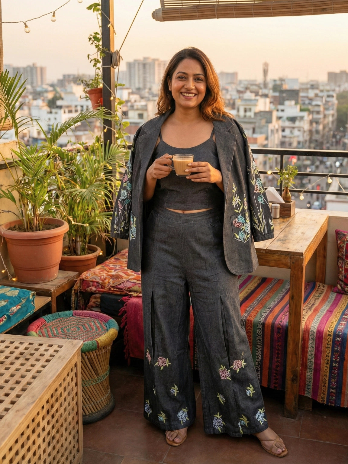 Embroidered Charcoal Denim Co-Ord Set