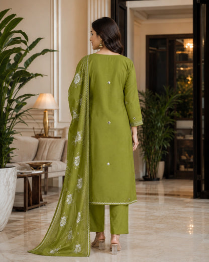 Olive Green Mirror Work Mul Chanderi Unstitched Suit for Daily Wear
