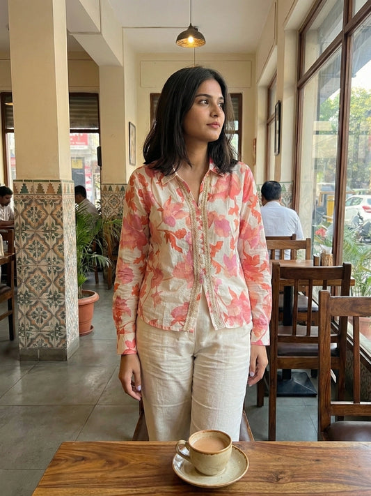 Floral Peach Cotton Blend Collared Shirt