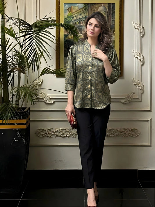 Olive Green Geometric Print Button-Down Top