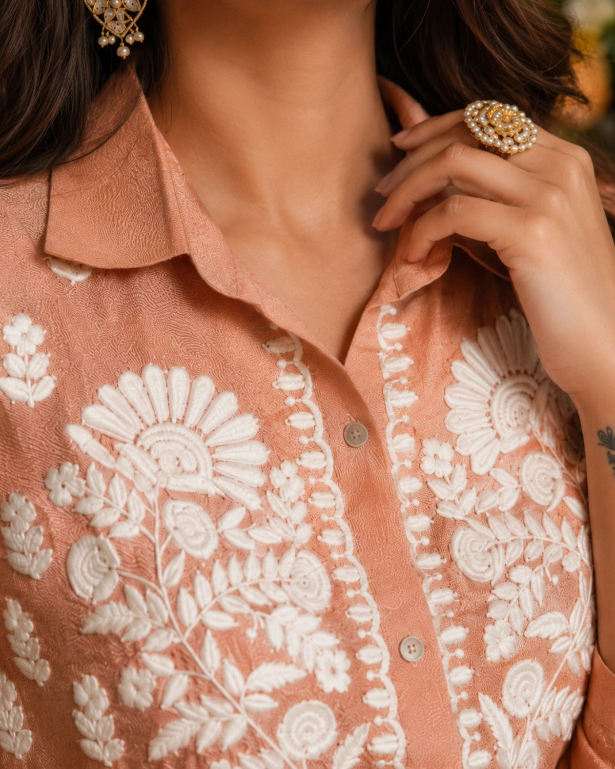 Peach Chikankari Embroidered Muslin Shirt for Office Wear