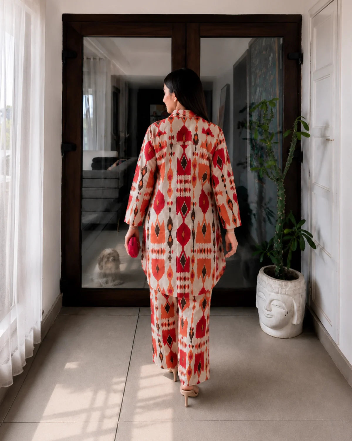 Ikat Print Cotton Co-ord Set with Collar Neck for Vacation Wear