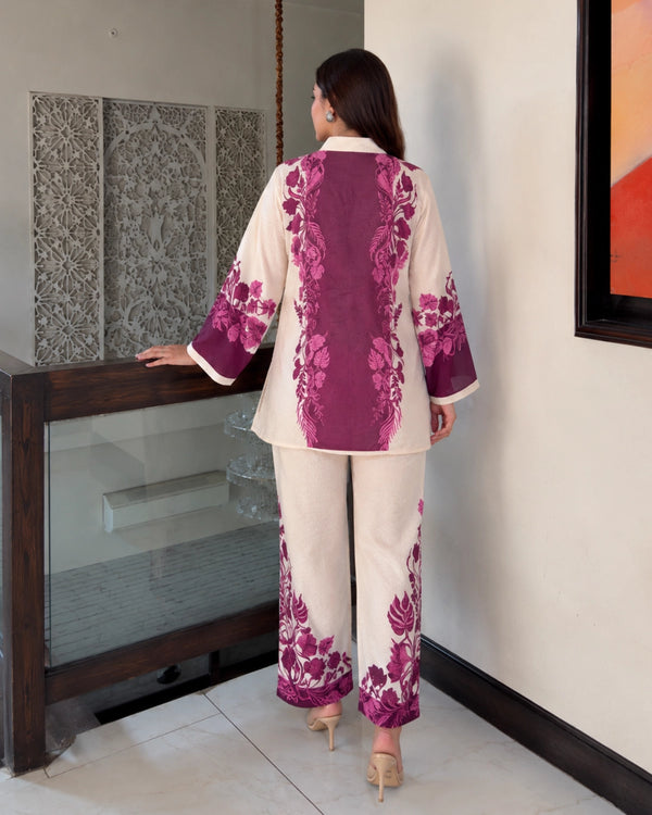 Ivory Magenta Floral Chiffon Co-Ord Set with Border for Vacation Wear — image 4