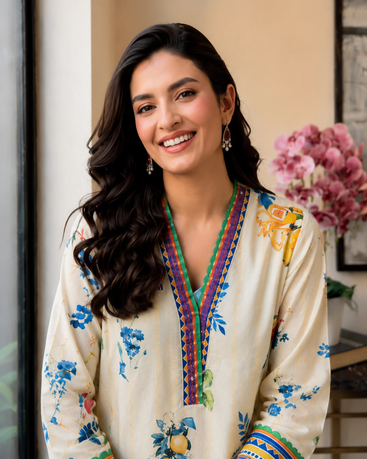 Ivory Lemon Floral Cotton Co-ord Set with Border for Vacation Wear