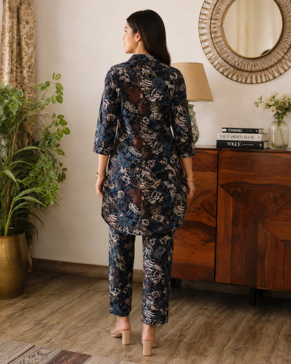 Navy Floral Print Cotton Co-ord Set for Daily Wear