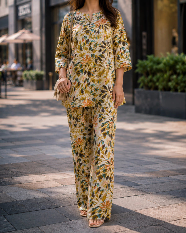 Cream Floral Print Cotton Co-ord Set for Daily Wear — image 4