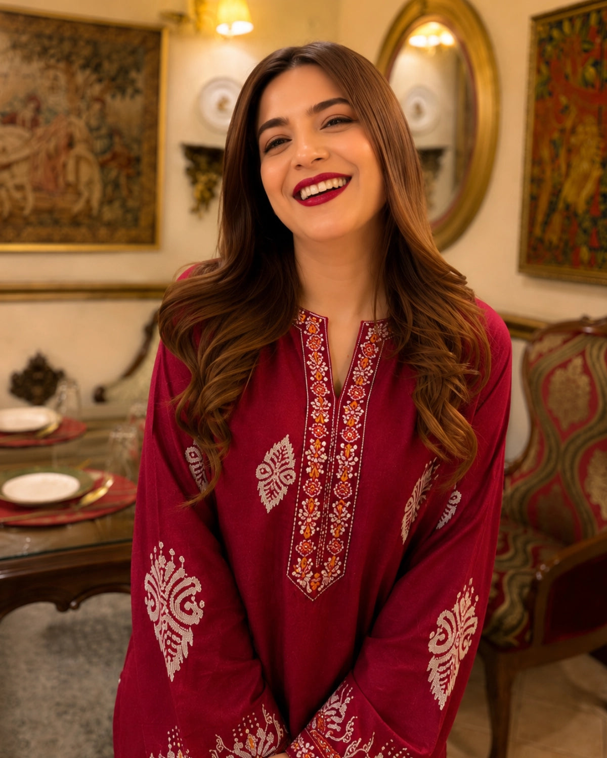 Maroon Paisley Muslin Co-Ord Set with Embroidered Yoke for Daily Wear