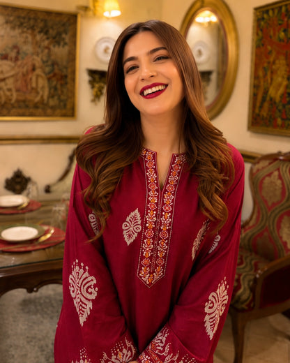 Maroon Paisley Muslin Co-Ord Set with Embroidered Yoke for Daily Wear