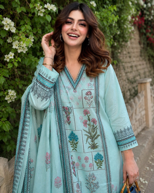 Mint Floral Block Print Cotton Kurta Pant Dupatta Set for Office Wear — image 2