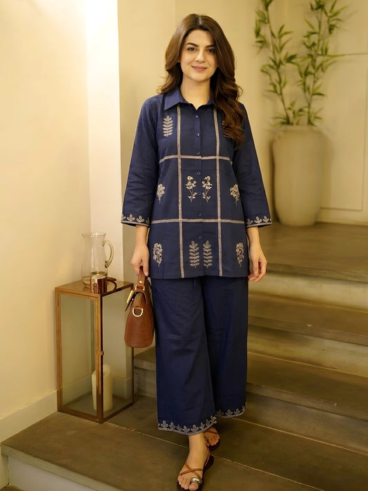 Navy Blue Embroidered Grid Co-Ord Set