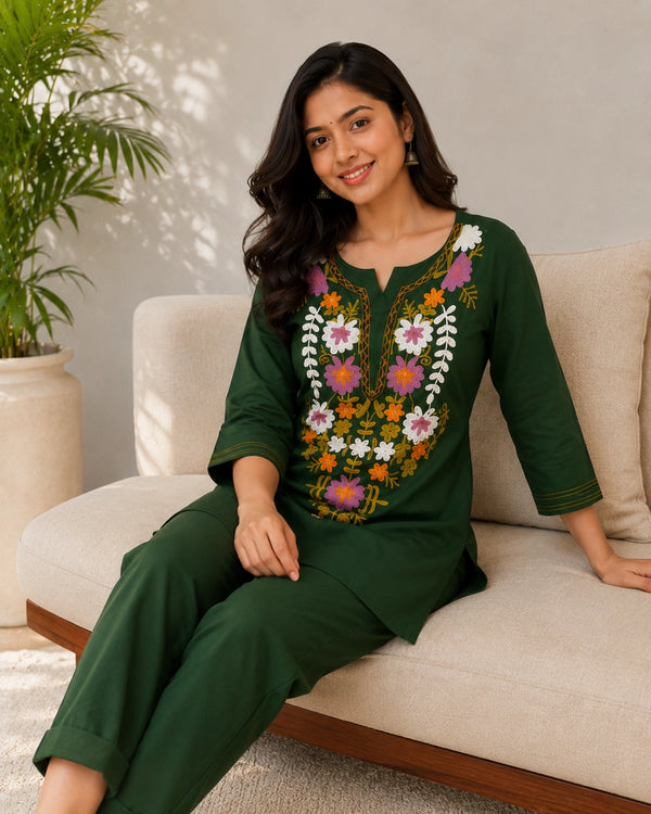 Floral Thread Work Cotton Co-ord Set with Notch Neck for Vacation Wear