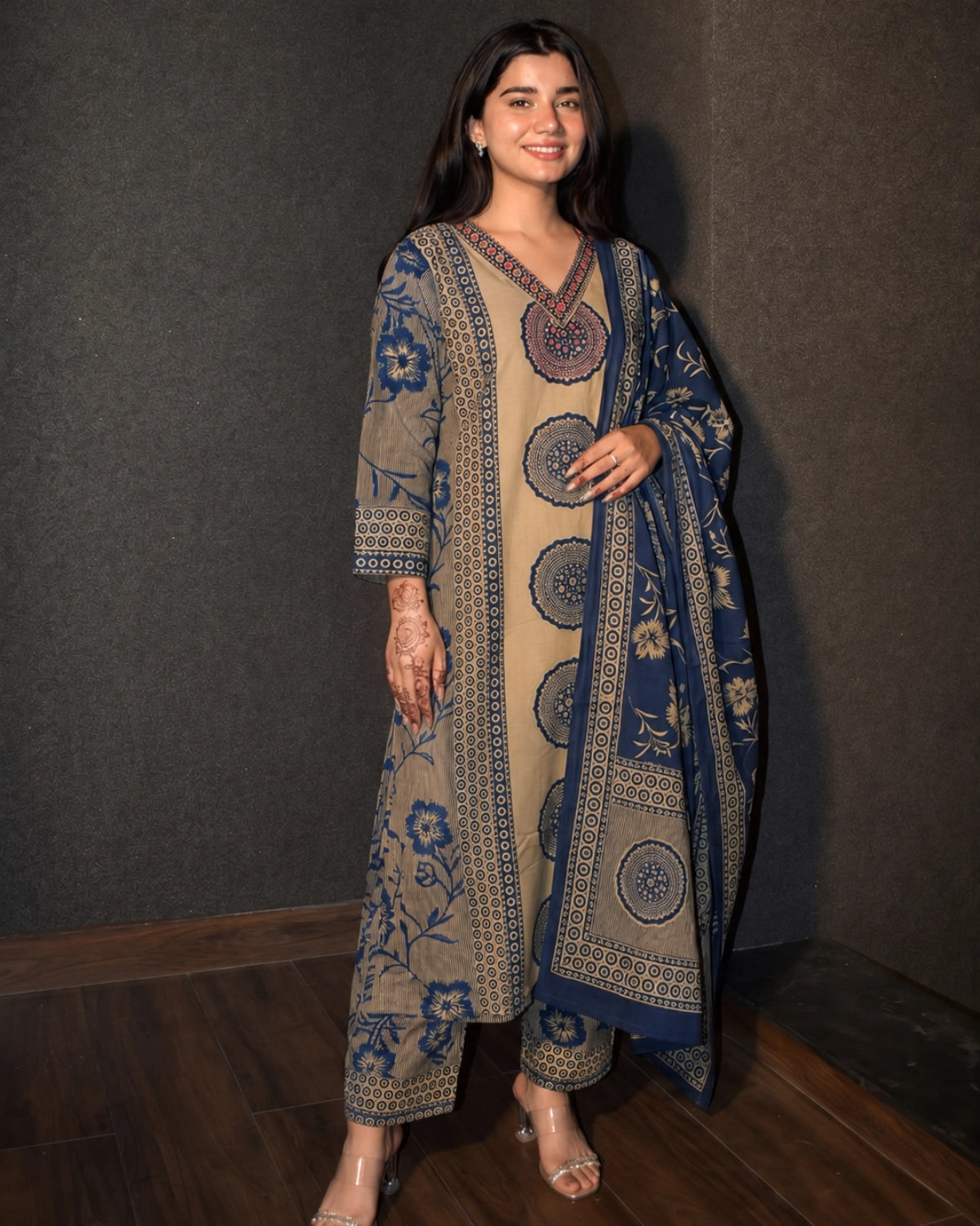 Beige Ajrakh Print Cotton Kurta Pant Dupatta for Daily Wear