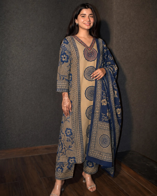 Beige Ajrakh Print Cotton Kurta Pant Dupatta for Daily Wear — image 3