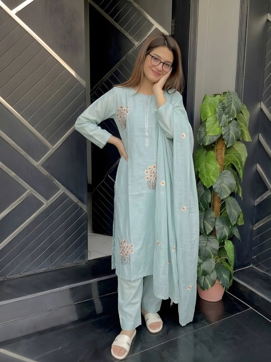 Pastel Blue Floral Embroidered 3-Piece Kurta Suit