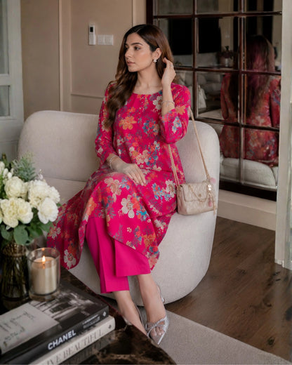 Floral Print Cotton Kurta Pant Set with Round Neck for Daily Wear