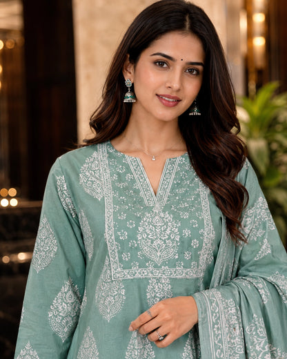 Sage Green Block Print Cotton Unstitched Suit for Daily Wear