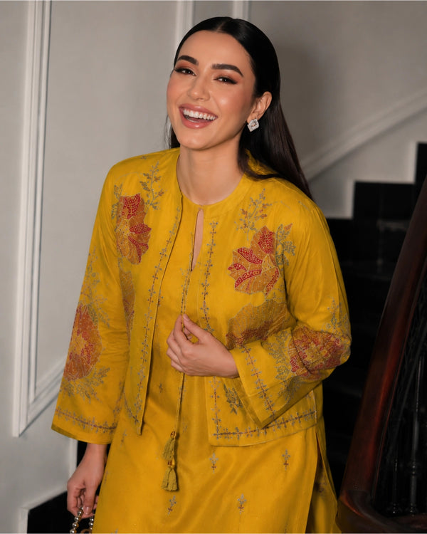 Mustard Embroidered Cotton Kurta with Jacket for Office Wear — image 2
