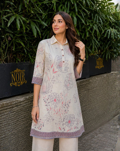 Floral Print Mul Mul Cotton Co-ord Set with Collar Neck for Daily Wear