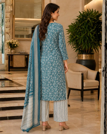 Teal Block Print Cotton Unstitched Suit for Daily Wear