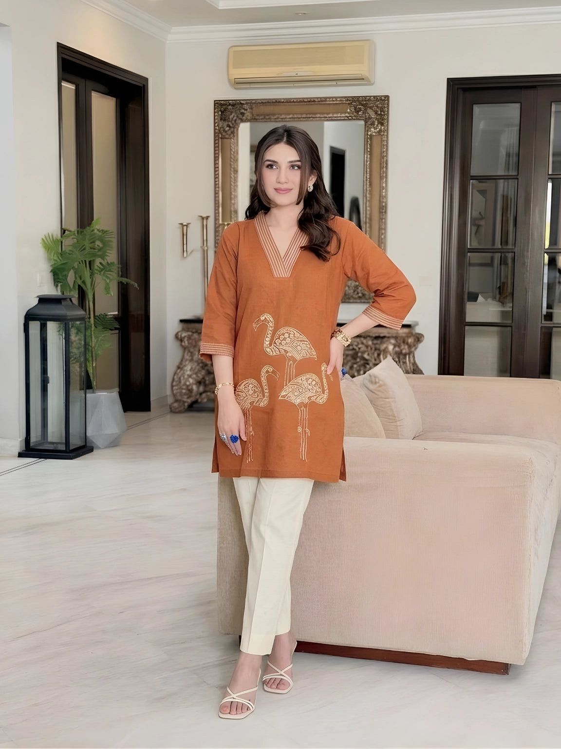 Rust Flamingo Embroidered Kurti