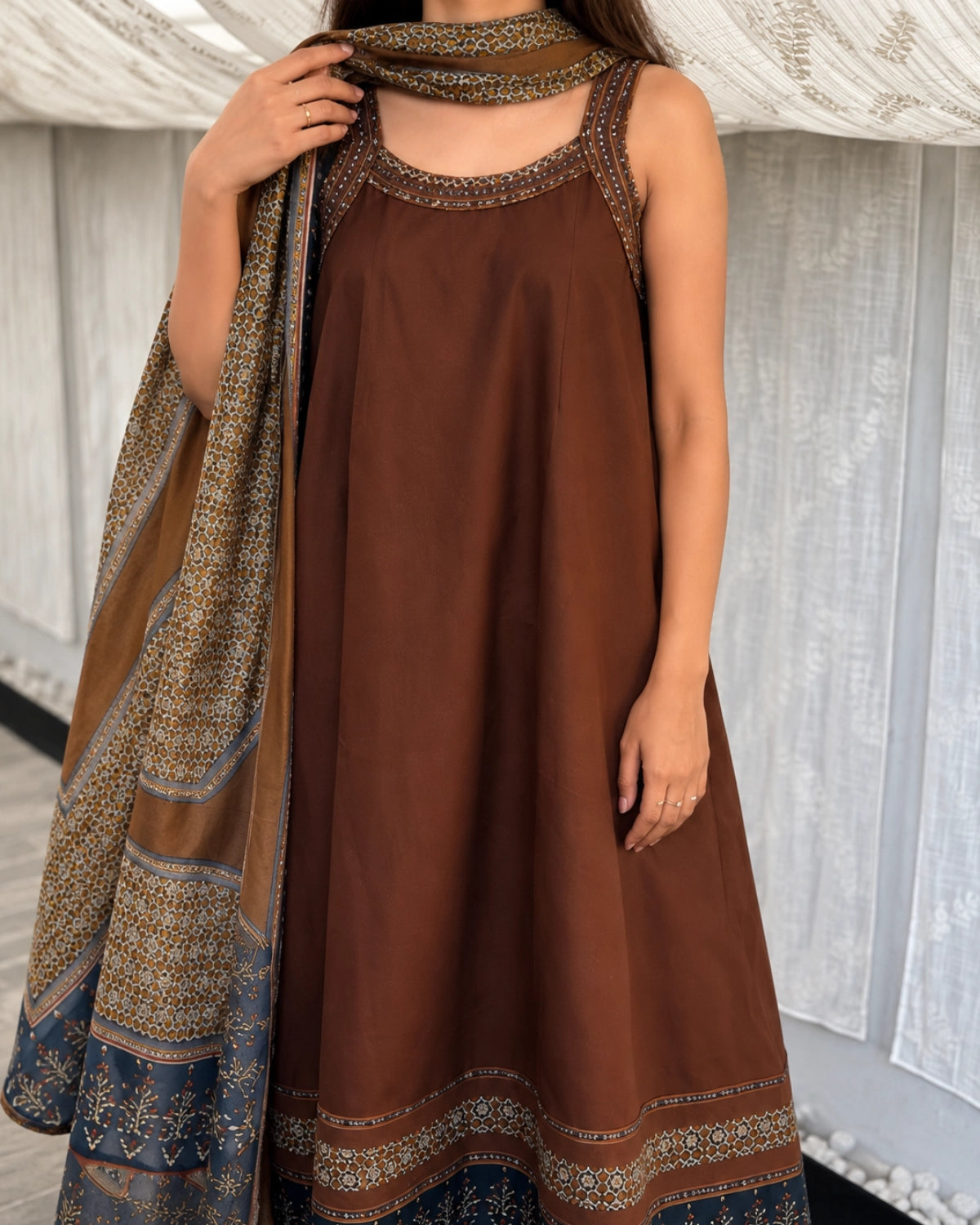 Brown Ajrakh Print Cotton Anarkali Kurta Set with Dupatta for Daily Wear