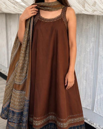 Brown Ajrakh Print Cotton Anarkali Kurta Set with Dupatta for Daily Wear