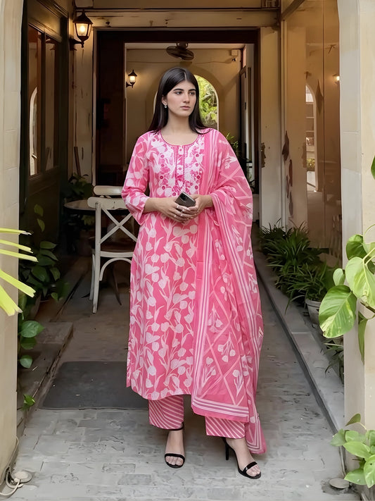 Blossom Pink Floral Block Print 3-Piece Suit Set