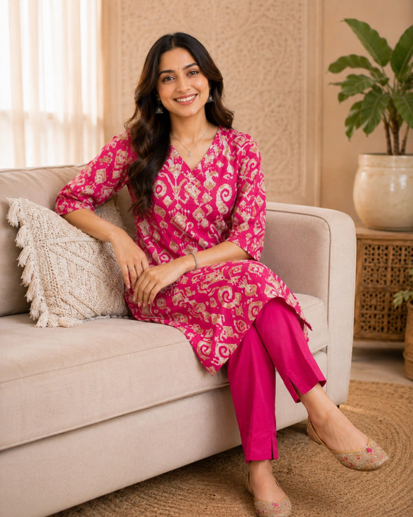 Rani Pink Ikat Print Cotton Kurta Pant Set for Daily Wear — image 2