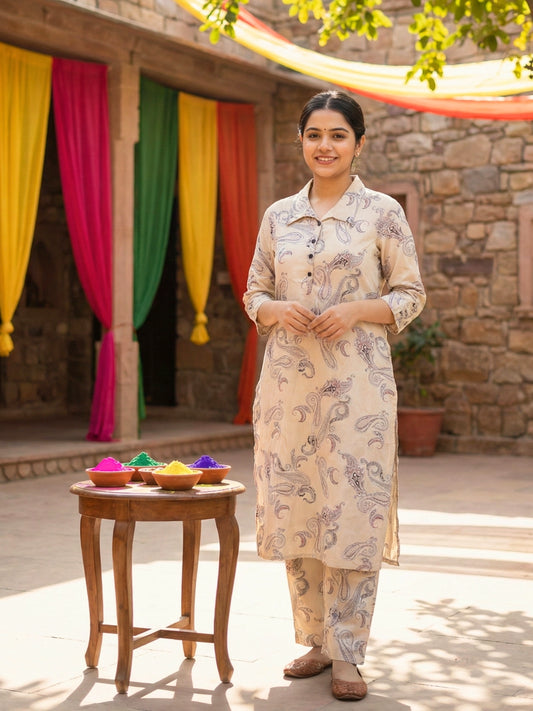 Earthy Beige Paisley Printed Cotton Kurta Set