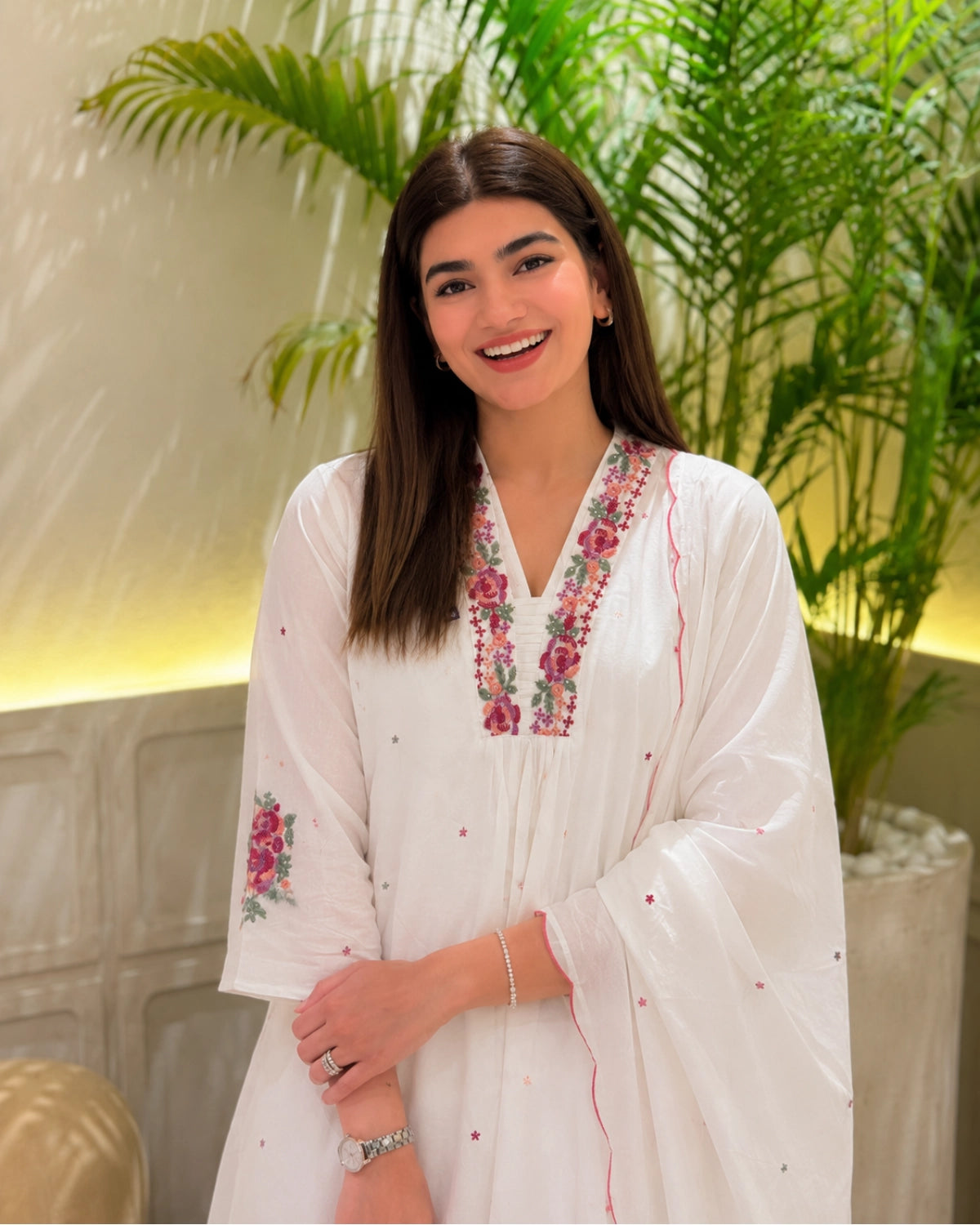 White Embroidered Mul Chanderi Kurta Pant Dupatta Set for Vacation Wear