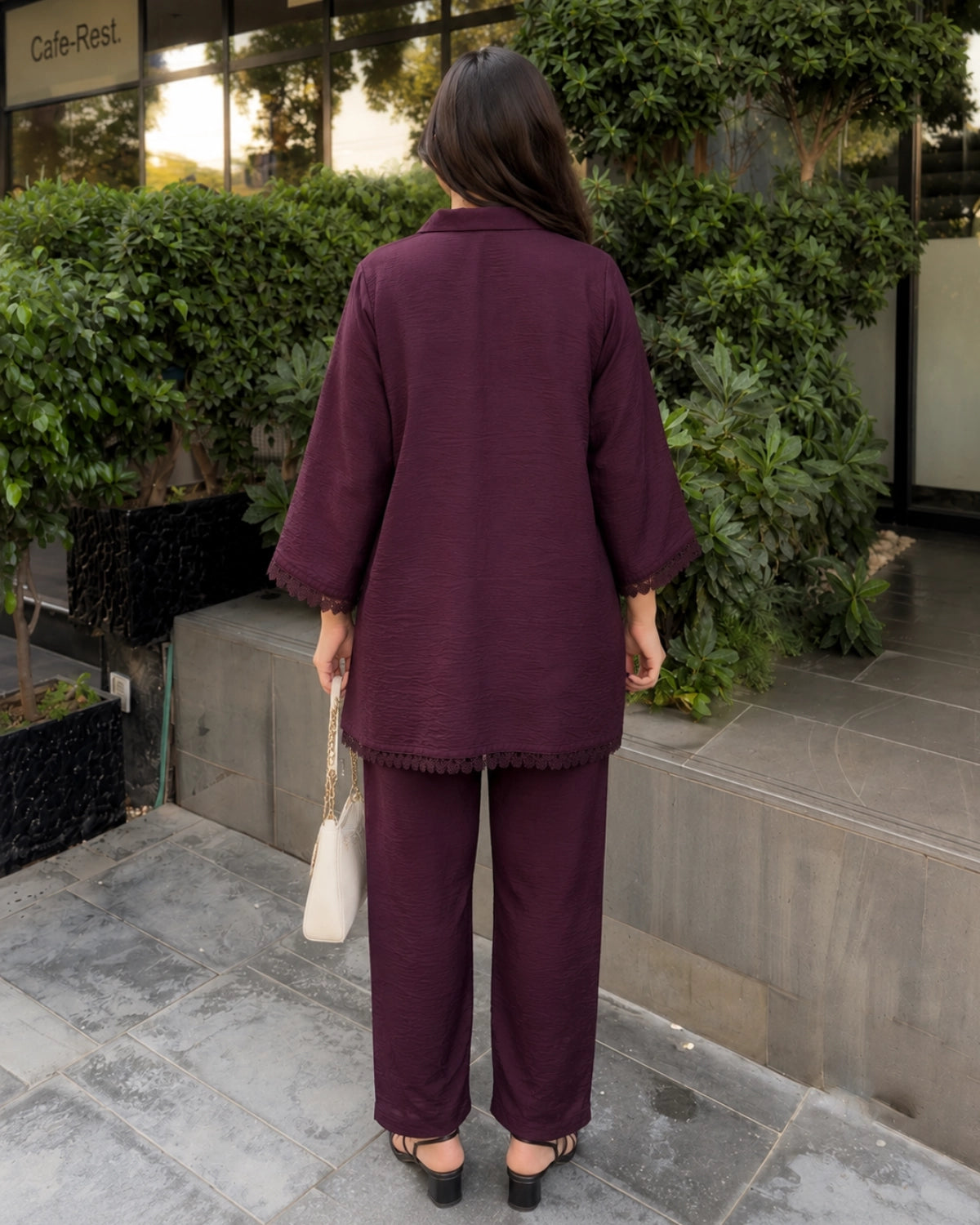 Thread Work Imported Co-Ord Set with Collar Neck and Lace Trim for Office Wear