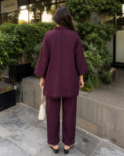 Thread Work Imported Co-Ord Set with Collar Neck and Lace Trim for Office Wear