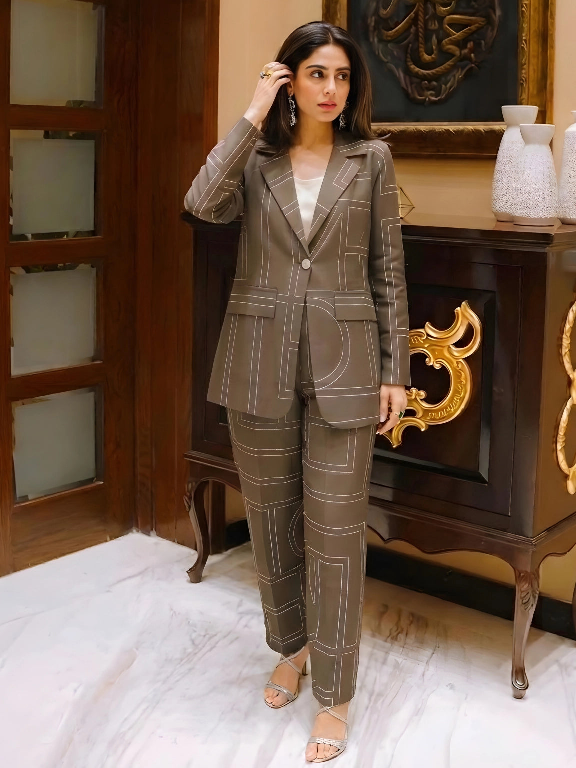 Olive Brown Geometric Line-Art Co-Ord Set