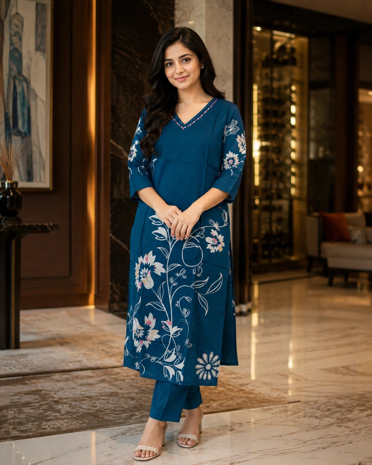 Floral Print Rayon Kurta Pant Set with V Neck for Daily Wear
