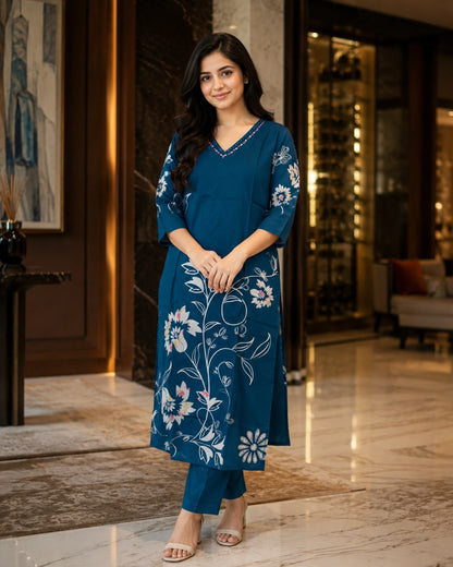 Floral Print Rayon Kurta Pant Set with V Neck for Daily Wear