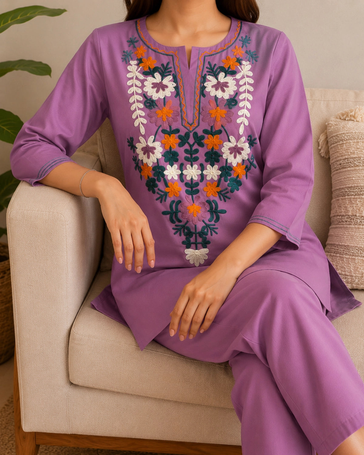 Floral Thread Work Cotton Co-ord Set with Notch Neck for Vacation Wear