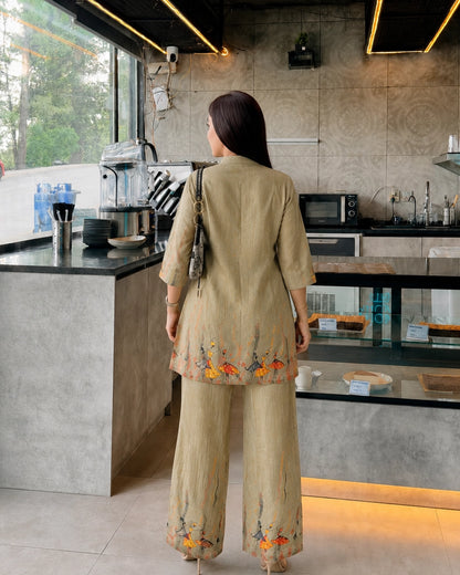 Olive Green Warli Print Chanderi Co-Ord Set for Office Wear
